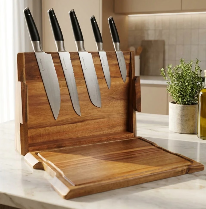 CookingTotem DuoBlock : bloc à couteaux et planche à découper 2-en-1 - Design compact - Couteaux exclusifs