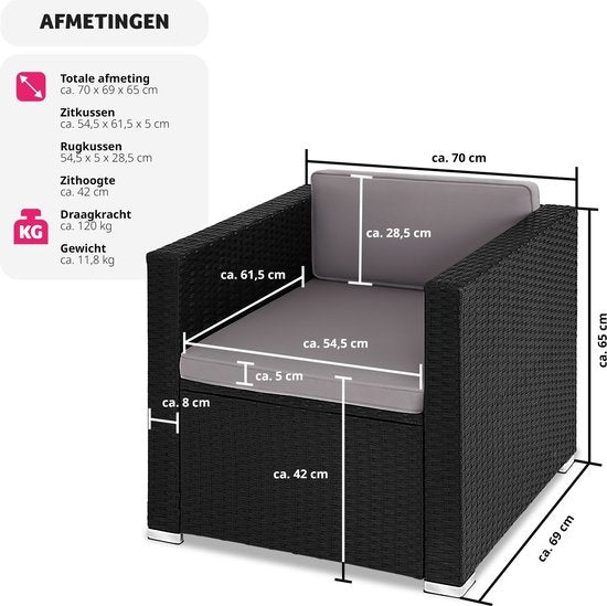 tectake® fauteuil confortable en osier avec accoudoirs, mobilier de jardin pour balcon, jardin, salon, 70 x 69 x 65 cm, déperlant et lavable, coussins d'assise et de dossier inclus - noir - poly-rattan
