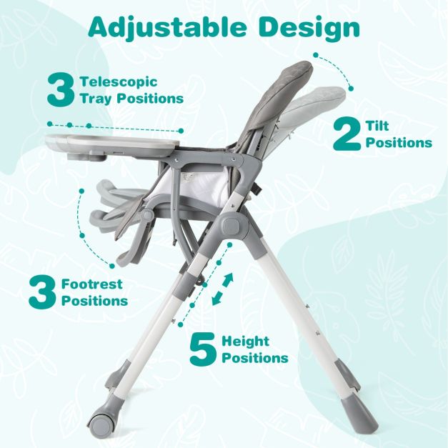 Chaise haute pliable Coast avec fonction d'inclinaison - Chaise haute réglable pour bébé avec harnais à 5 points, roulettes et plateau amovible - Gris