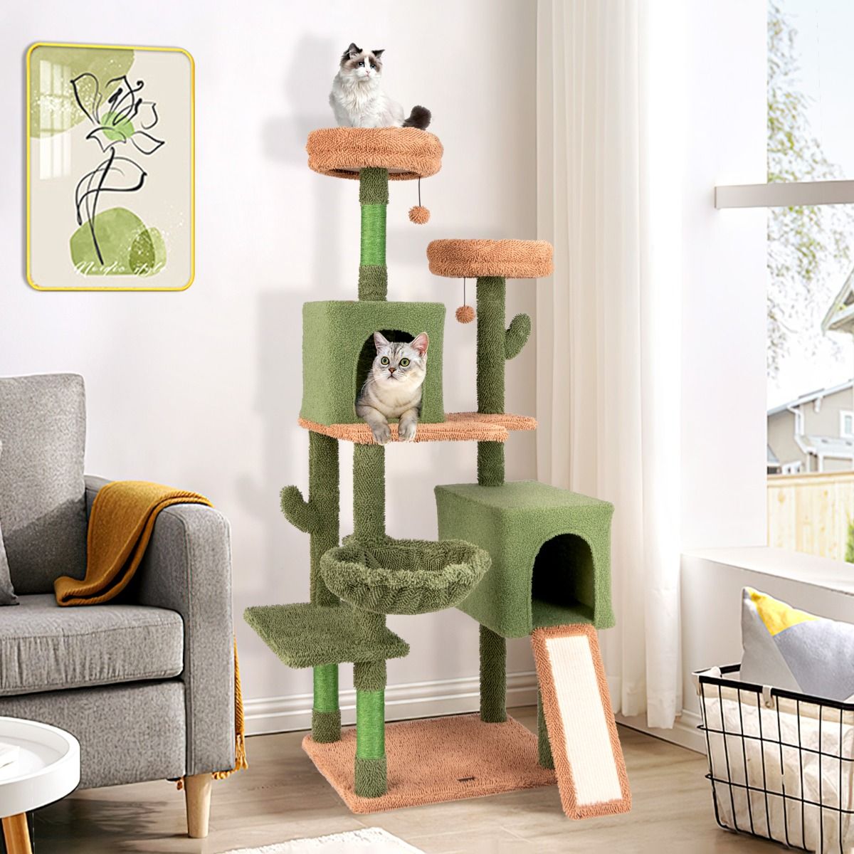 Coast 160 cm Cactus Scratch Post pour chats avec plusieurs niveaux, poteaux à gratter en sisal, perchoirs rembourrés, panier hamac - Vert et Marron