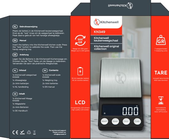 Kitchenwell Balance de cuisine numérique de précision - Balance de cuisine - 1gr - 10kg - Fonction tare - Rechargeable par USB - Gris