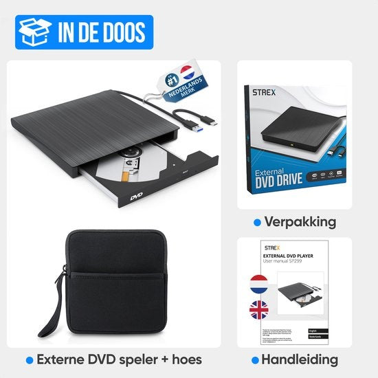 Strex External DVD Player And Burner - Avec pochette - CD/DVD - Plug & Play - USB 3.0 DVD Player - Convient à Windows, Mac et Linux - Lecteur optique