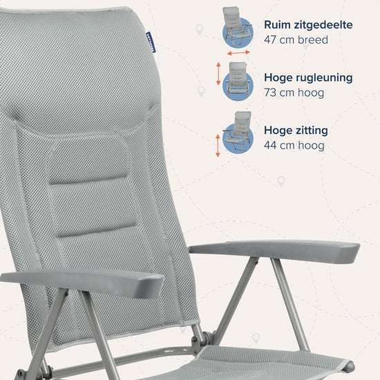 TRVLMORE Chaise de camping - 7 positions - Chaise de camping confortable - Capacité de charge de 120 kg - Position allongée - Chaise pliante - Chaise pliante - Gris