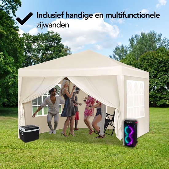 Brixy Party Tent - Pliable - Facile à monter - 3x3m - Imperméable - Pavillon avec parois latérales - Sac de transport inclus - Crème