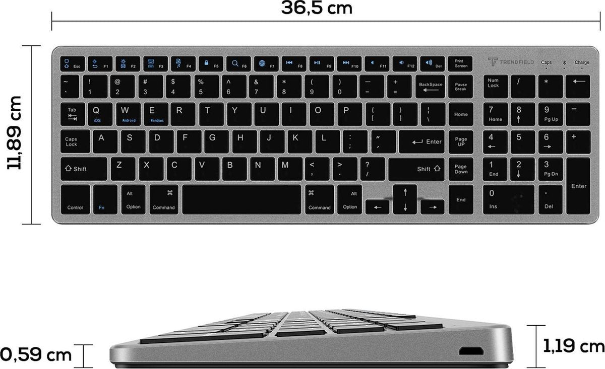 Trendfield Wireless Keyboard - Clavier Bluetooth - Touches silencieuses - Rechargeable - Qwerty - Space Grey