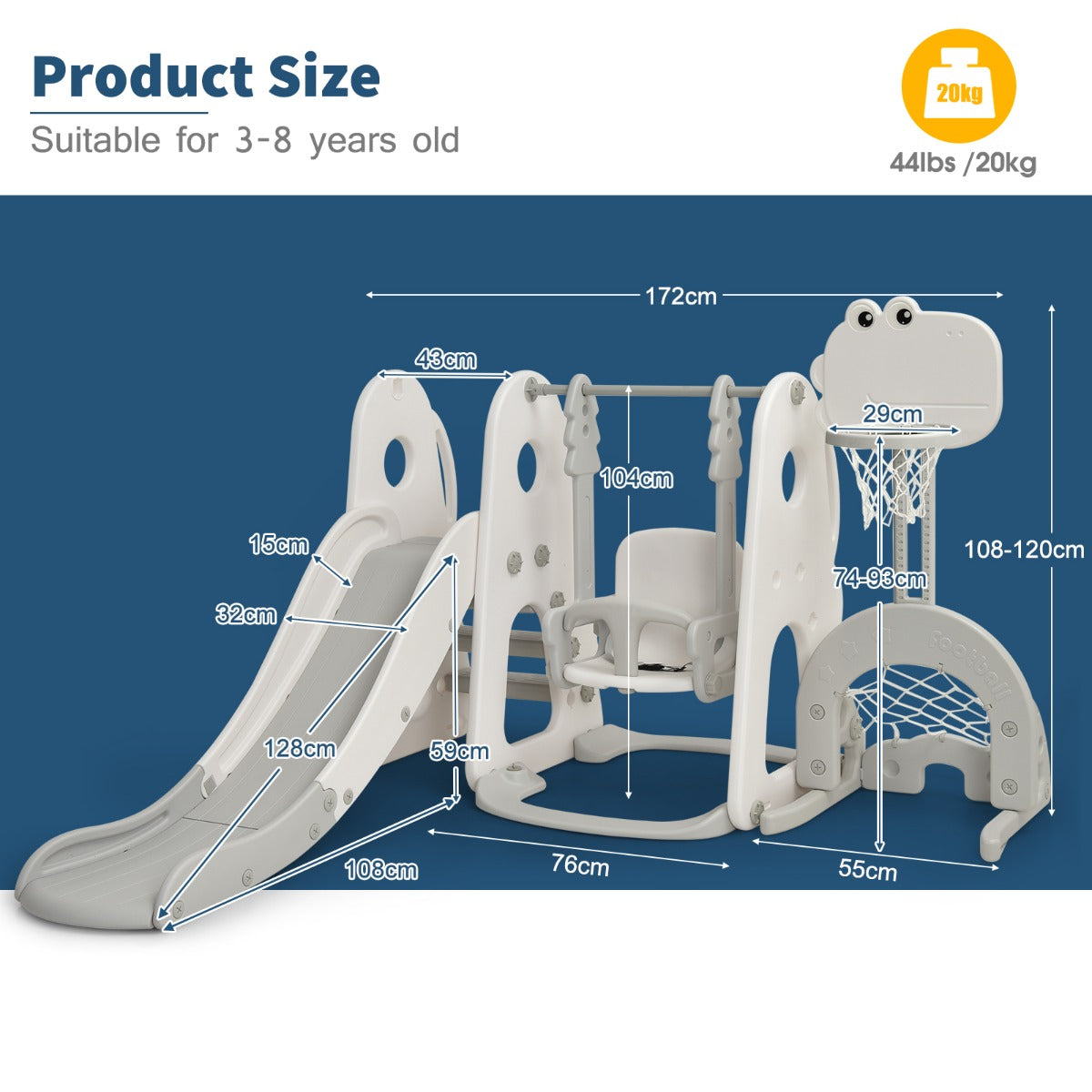 Toboggan et balançoire pour enfants 6-en-1 avec toboggan à grimper, panier de basket-ball, but de football et trou de golf gris