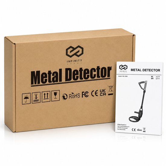 Détecteur de métaux Infinity Goods Junior - Pour enfants - Étanche et léger - Réglable - Écran LCD - Piles et pelle incluses