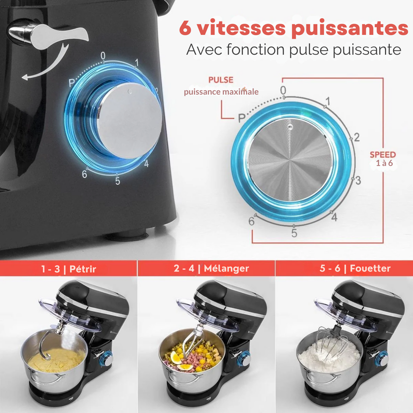 Robot Pâtissier 1400 W avec Bol 6 L en Inox – Noir | KitchenBrothers