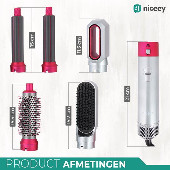 Niceey Brosse pour sèche-cheveux - Fer à boucler 5 en 1 - Airstyler - Multistyler - Brosse coiffante - Fer à boucler avec accessoires - Sèche-cheveux avec brosse - Avec gant - Brosse à boucler - Brosse à cheveux - Modèle 2025 - Gris/Pourpre