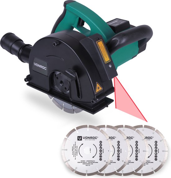 VONROC Tronçonneuse murale avec laser - 1700W - 150mm - 6 disques diamantés, adaptateur pour aspirateur et sac de rangement inclus