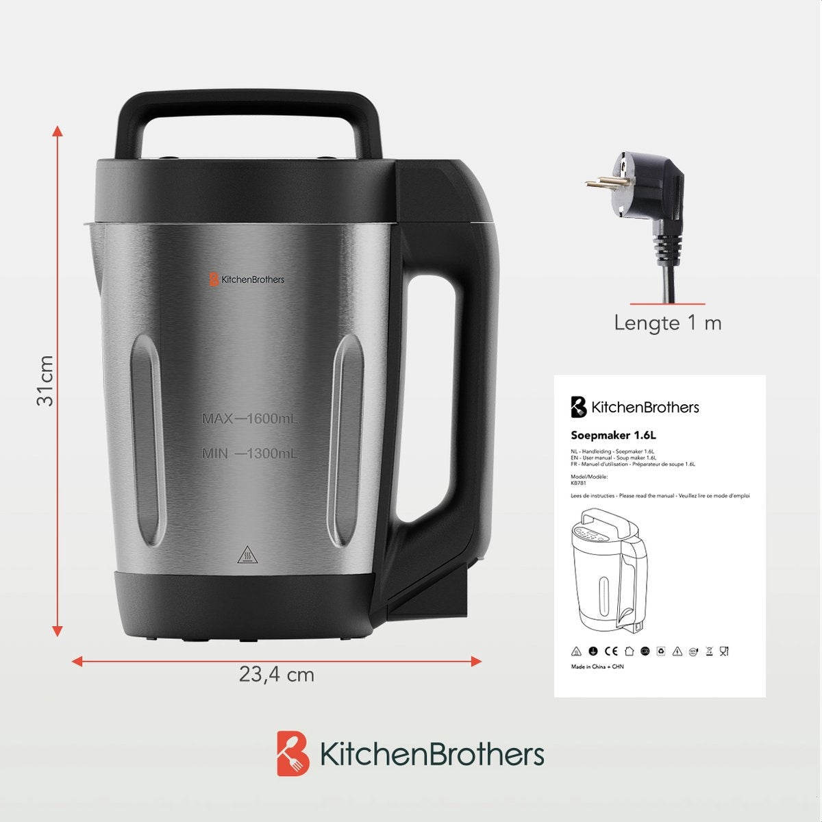 Machine à soupe KitchenBrothers - Blender - jusqu'à 800W - 1.2L - inox/noir