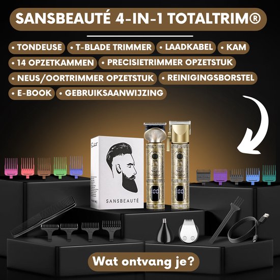 Tondeuse à cheveux professionnelle sans fil 4 en 1 - Tondeuse à cheveux pour hommes - Sansbeauté® TotalTrim - Cheveux Hair - Tondeuse à cheveux - Machine à cheveux pour coiffeurs - Tondeuse à cheveux - Barbe - Barber Hair Clipper - Barber Buddha Trimmer -