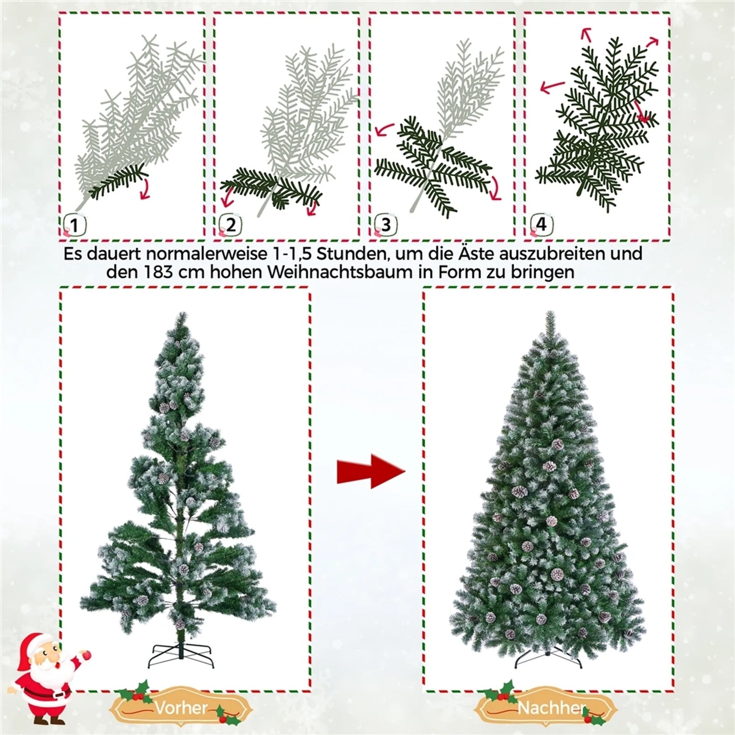 Yaheetech Arbre de Noël artificiel enneigé - 183 cm - avec 920 branches et pommes de pin naturelles et support métallique pliable - pour l'intérieur et l'extérieur - PVC vert et métal - 106 x 106 x 183 cm