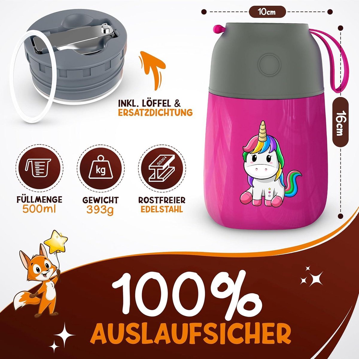 FUNKELFUCHS® Tasse thermo pour aliments pour enfants - 500ml, licorne rose - 100% étanche - Réchauffeur d'aliments en acier inoxydable - Tasse thermo pour aliments - Boîte à lunch thermo pour enfants - Réchauffeur d'aliments pour bébés