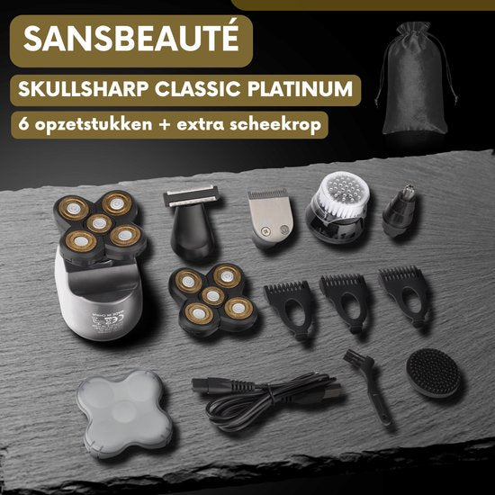Rasoir pour homme 6-en-1 + tête de rasage supplémentaire - Tondeuse - Sansbeauté® SkullSharp Platinum - Rasoir pour crâne - Rasoir électrique pour le visage et la tête - Rasage de la tête - Wet & Dry - Electrique