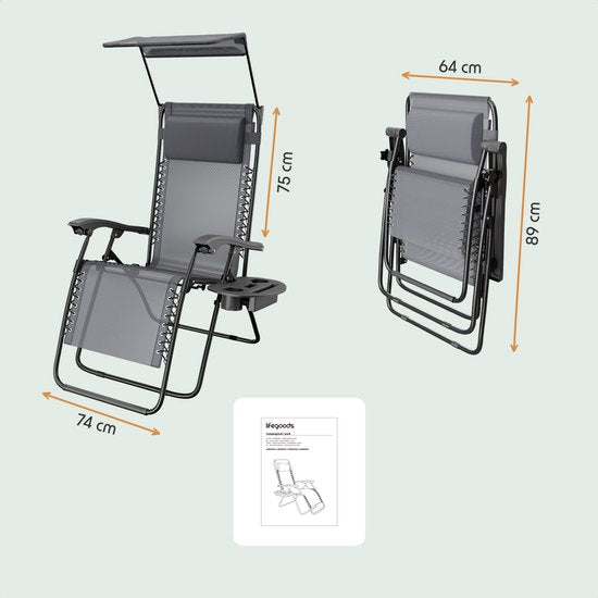 LifeGoods Chaise de jardin pliable - parasol réglable - chaise longue de jardin - 30°-90° réglable - métal - gris