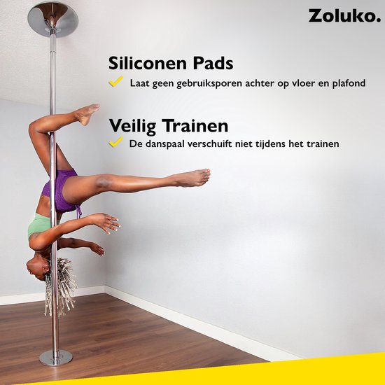 Zoluko Professional Dance Pole - Hauteur réglable : 2,24 m à 2,74 m - Rotatif et statique - Capacité de charge de 200KG - Pole Dancing - Pole Dance - Argent/Chrome