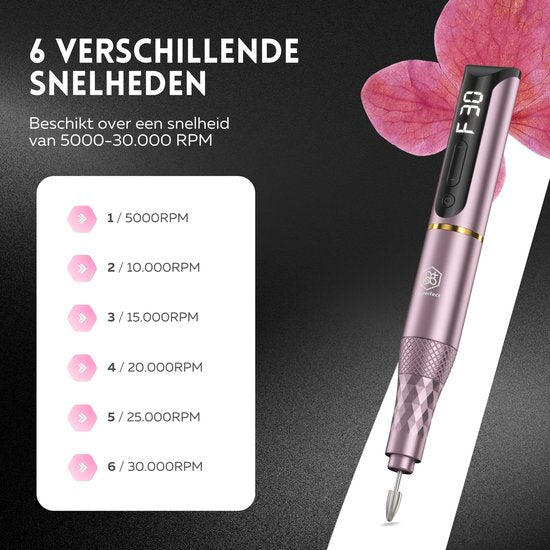 Beeperfect® Lime à ongles électrique sans fil édition Pro - Moulin à ongles - Ensemble manucure et pédicure - Rechargeable - 11 embouts et 60 rouleaux de ponçage - 30 000 tr/min - Rose