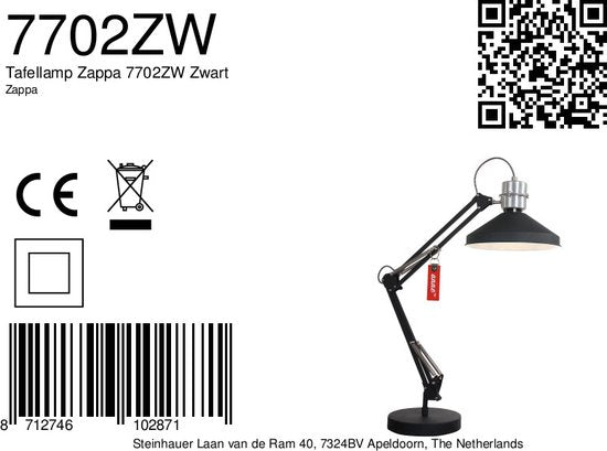 Anne Lighting Zappa - Lampe de table de style industriel - Noir - H : 80 cm - Ø : 18 cm - E27 - Pour l'intérieur - Métal - Lampes de table - Lampe de bureau - Lampes de bureau - Chambre à coucher - Salon - Salle à manger