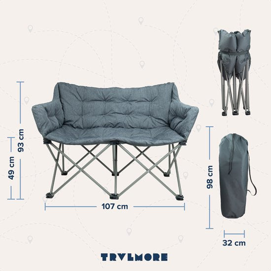 TRVLMORE Chaise de camping - 2 personnes - Pliable - Sac de transport inclus - Chaise de camping - Capacité de charge 240 kg - Gris