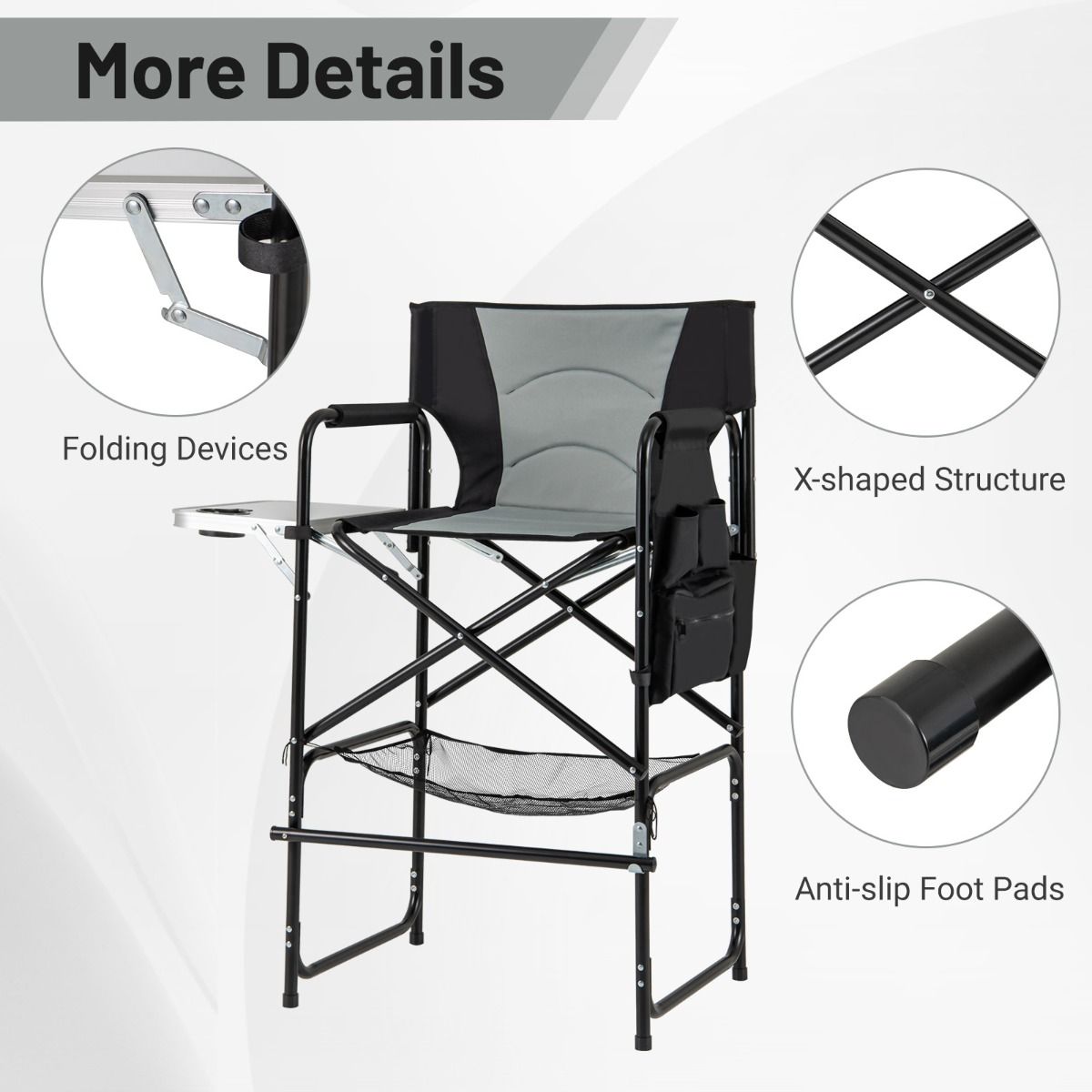 Chaise de camping Coast Chaise de directeur pliable avec table d'appoint, repose-pieds et compartiments de rangement - Noir/Gris - 65 x 53 x 116,5 cm