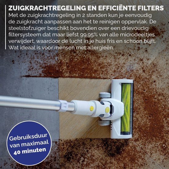 BREND BR-2214 Aspirateur à main sans fil avec éclairage LED - Le triple filtre ramasse 99,5 % de poussière fine - Blanc/vert