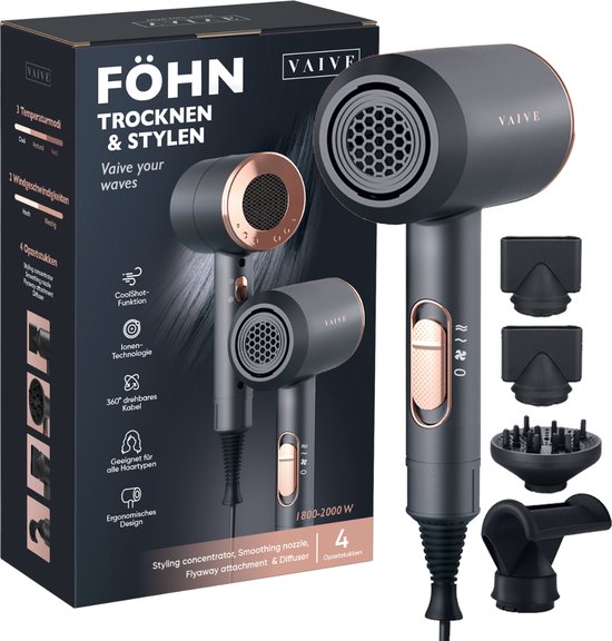 VAIVE Sèche-cheveux ionique avec diffuseur - Sèche-cheveux 2000 Watts - Sèche-cheveux avec Coolshot - 3 réglages