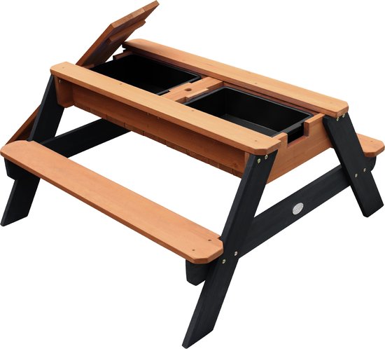 Table de pique-nique AXI Nick Zand & Water, couleur anthracite/marron - Avec parasol bleu/blanc - Table de pique-nique multifonctionnelle en bois certifié FSC - Table de pique-nique en bois pour enfants