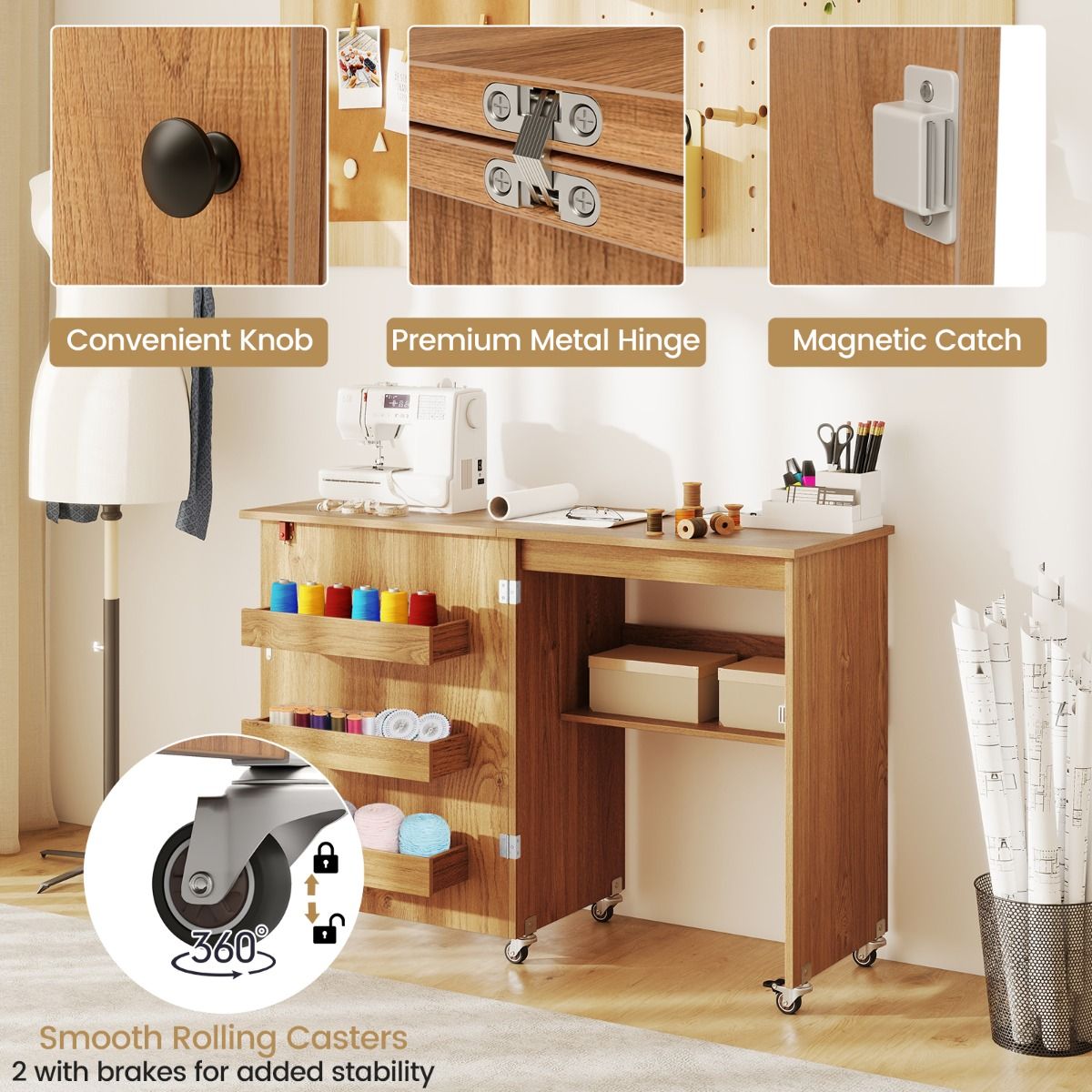 Table de couture pliable Coast - Station de loisirs créatifs mobile avec étagère de rangement - Trois bacs de rangement dissimulés - Couleur naturelle - 118,5 x 40 x 79,5 cm