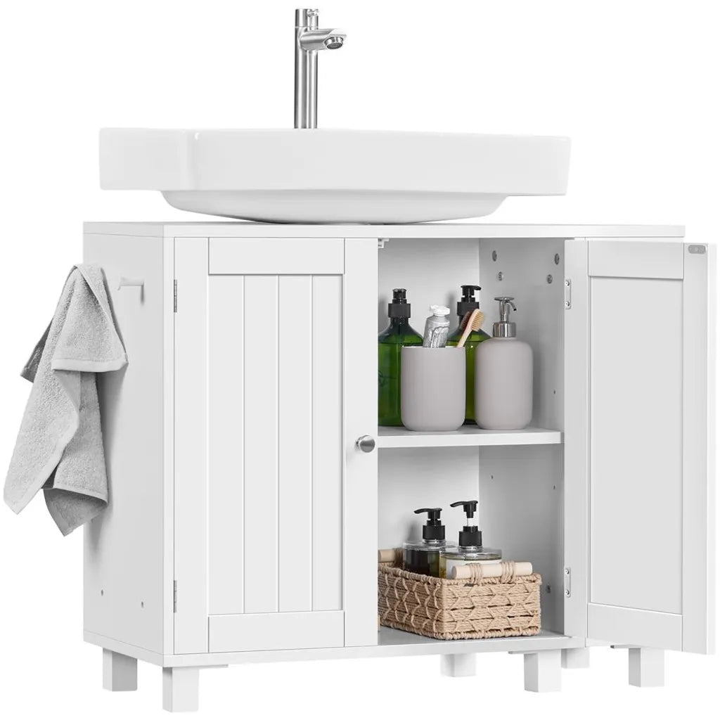 Meuble sous-lavabo Yaheetech 75 x 30 x 62 cm – Blanc – Avec 4 compartiments, des étagères ouvertes et un porte-serviettes