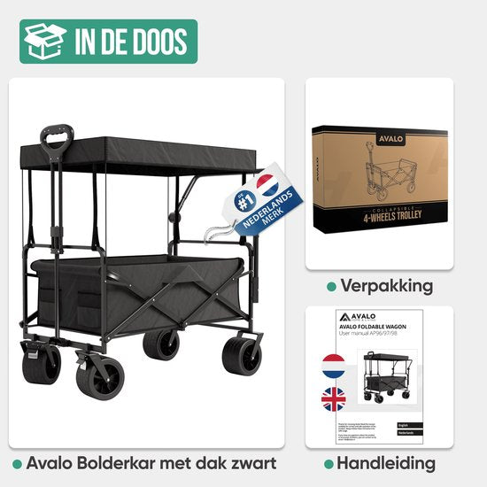 Avalo Wagon Avec Toit XL - Pliable - Jusqu'à 110KG - 97x60x105 CM - 120L - Roues 360º - Noir