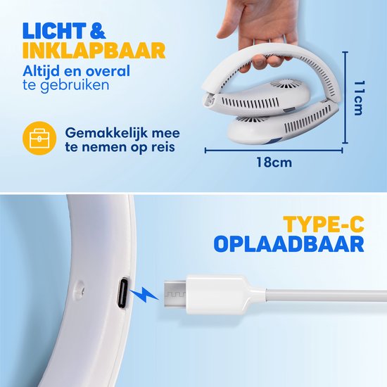 Vulpes Goods® Tech - Ventilateur de cou - Ventilateur de visage portable - Ventilateur USB - Mini ventilateur - Rechargeable - 3 positions - Version PRO