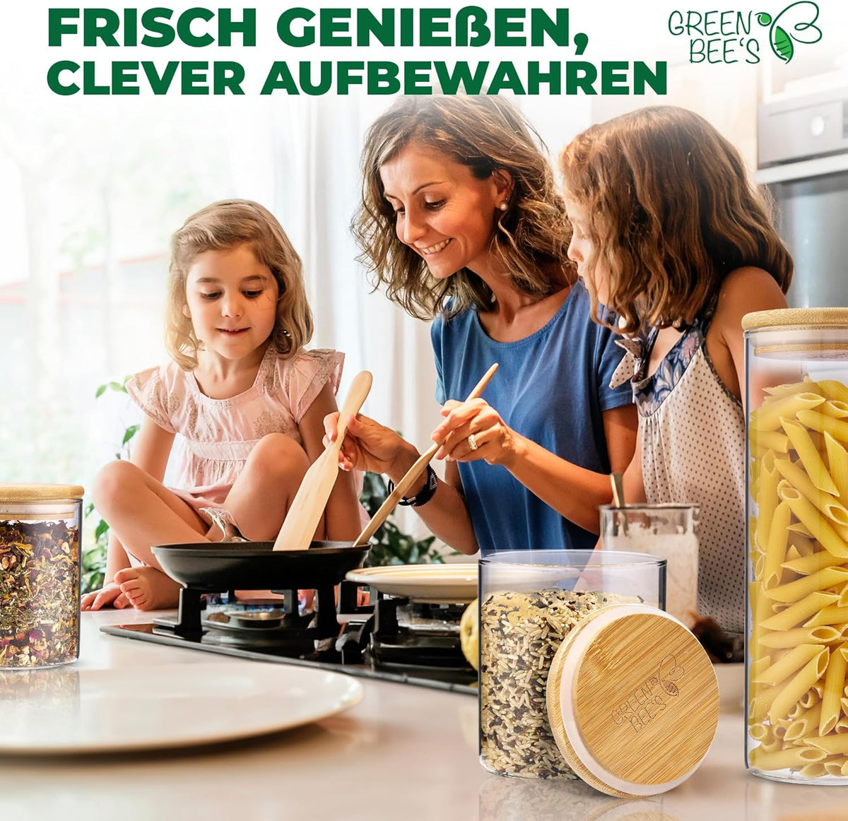 GREEN BEE`S Set de 12 petits bocaux à provisions - 4x600ml & 8x430ml - Parfaits pour les tiroirs et l'armoire à pharmacie - Bocaux à provisions durables avec couvercle hermétique - Pour le riz, les noix, les graines et les épices