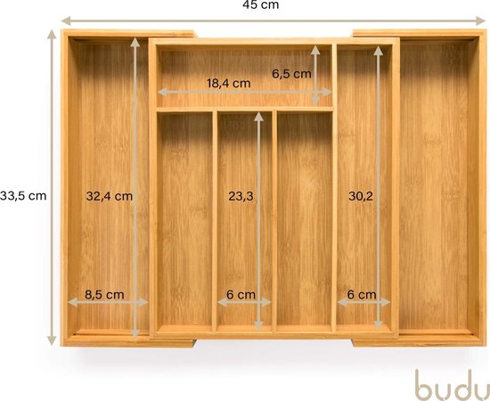 Budu Plateau à couverts extensible en bambou #33.5 (33.5 cm de profondeur) - Cassette à couverts en bois - Tiroir à couverts - 33.5 x 28 - 45 cm - 5/7 compartiments