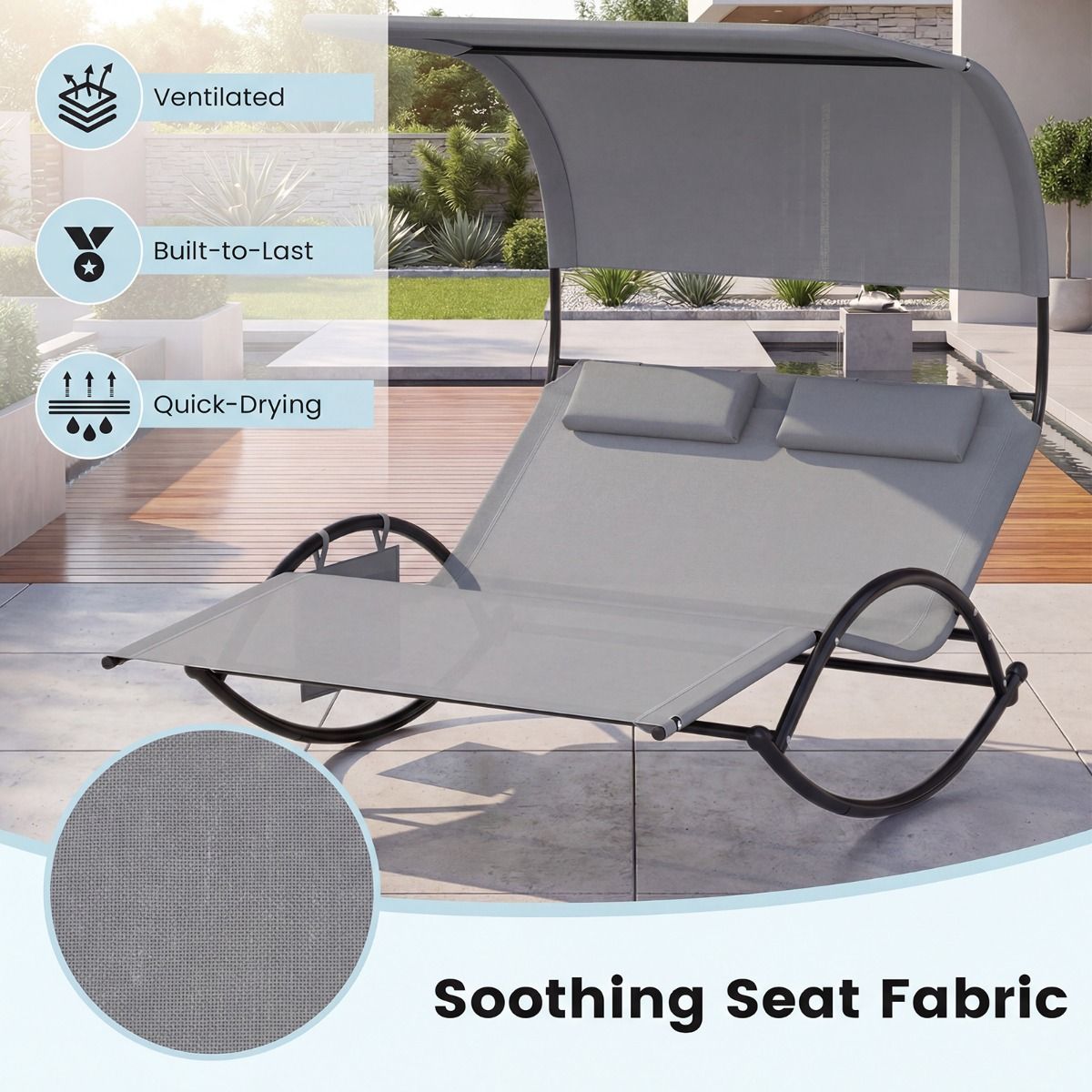 Fauteuil à bascule double Coast - avec auvent - coussins confortables - gris