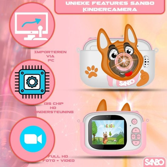 Sanbo Kindercamera - Nederlandstalig - Selfiecamera - Incl. 32Gb Sd-Kaart en Reader – Fototoestel Kinderen – Vloggen - Speelcamera - Digitaal