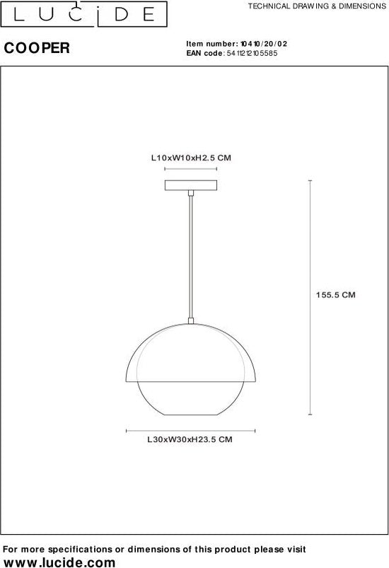 Lucide COOPER - Suspension - Ø 30 cm - 1xE27 - Or mat / Laiton