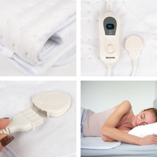 Couverture électrique - Auronic - 2 personnes - 160x140cm - avec élastiques d'angle et 2 contrôleurs - Blanc