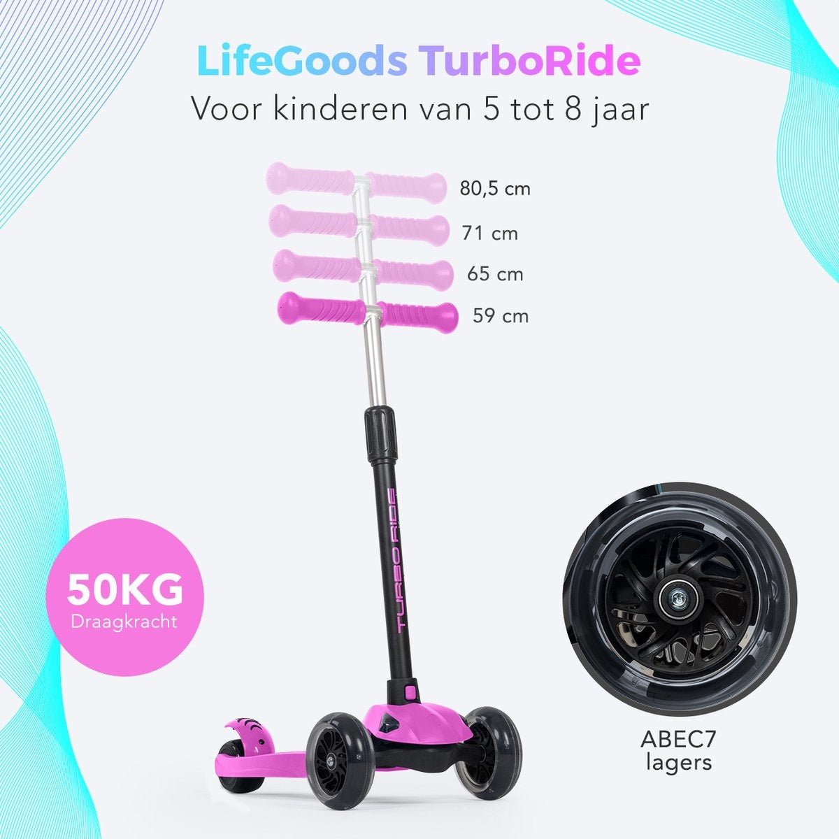 LifeGoods Scooter enfant TurboRide - Étape 5-8 ans - 3 roues lumineuses - Garçons/Filles - Rose