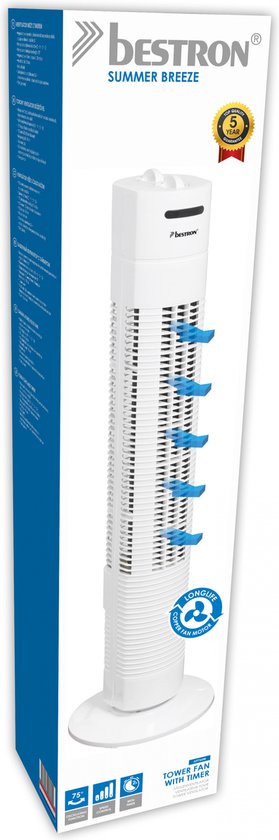 Bestron Ventilateur de tour, Ventilateur avec 3 vitesses et fonction de rotation de 75°, minuterie incluse, hauteur : 78 cm, 35W, AFT760W, couleur : blanc