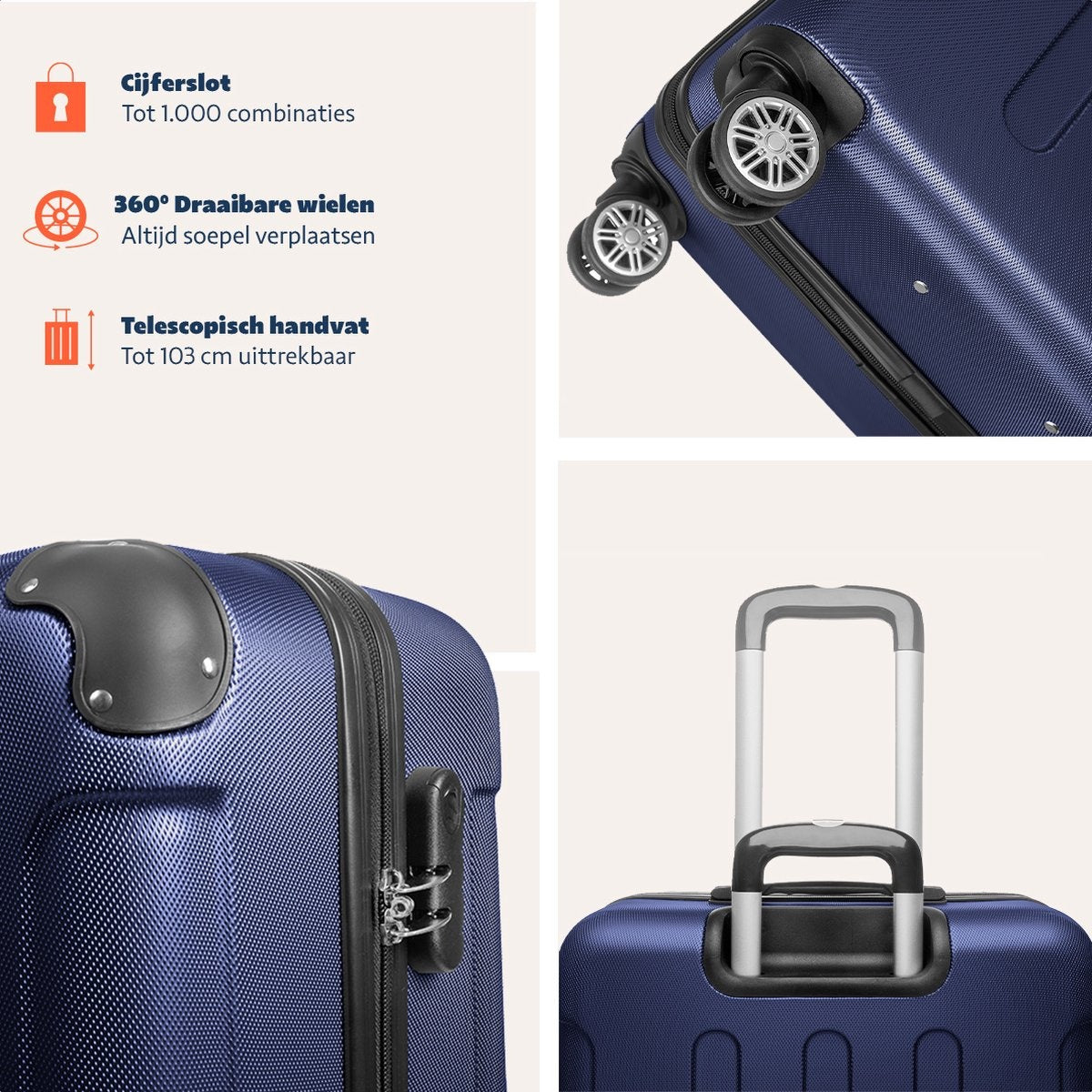 Set de valises TRVLMORE - 3 pièces - 38L + 70L + 110L - Bleu foncé