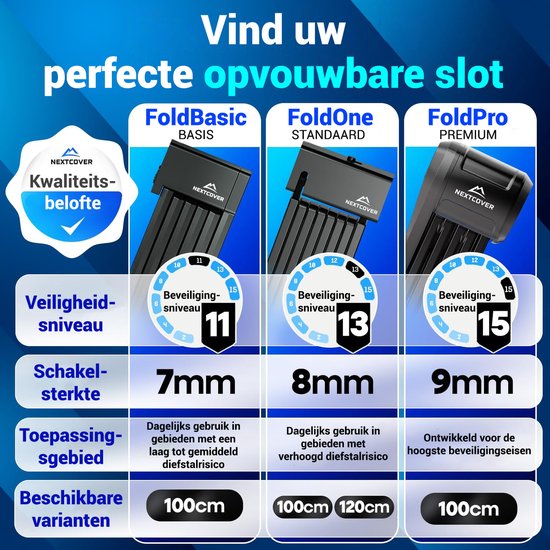 Nextcover Cadenas pliant 100cm FoldOne Pro | Cadenas pour vélo avec trois clés | Cadenas pour vélo avec support | Cadenas pour vélos, vélos électriques, scooters électriques | SteelSecure Technology 3.0