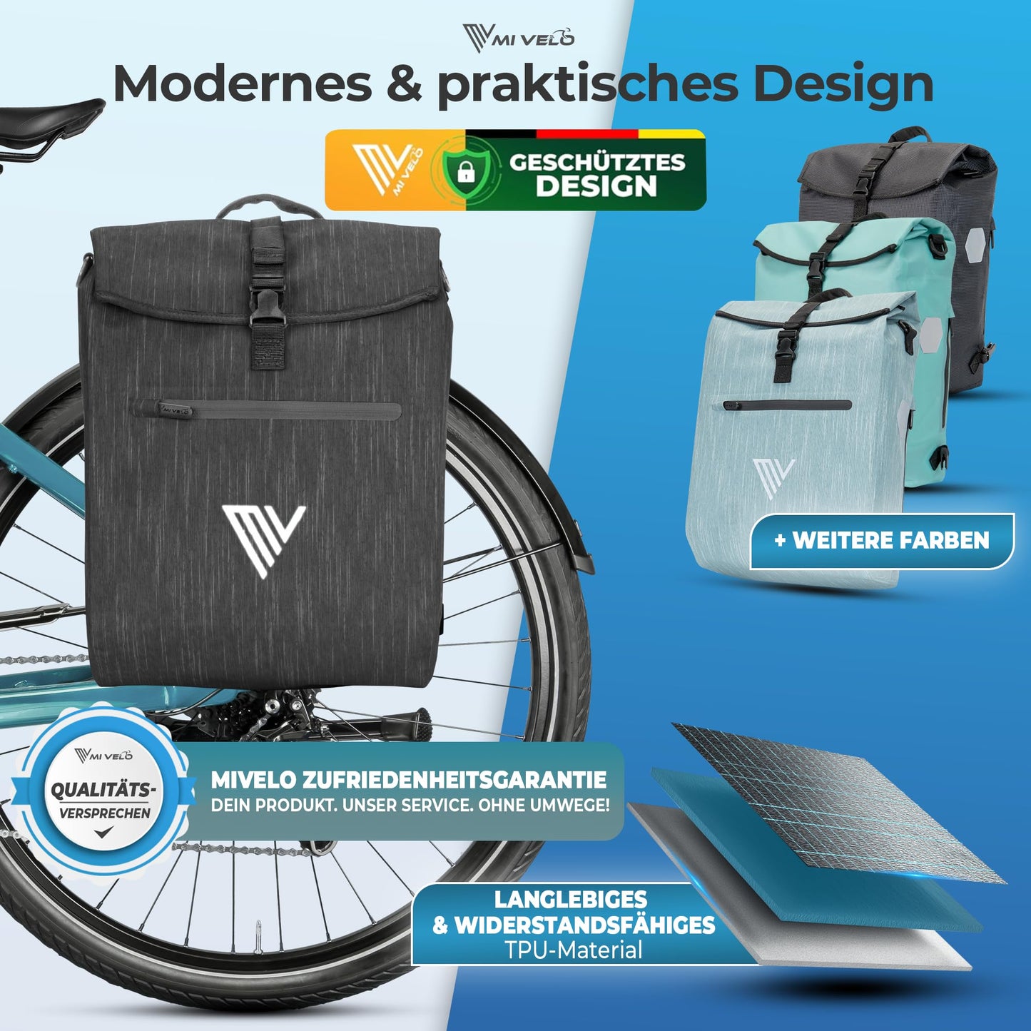 Sac de vélo MIVELO 3 en 1 - sac de porte-bagages et sac à dos - 20 litres, couleur graphite - imperméable - compartiment rembourré pour ordinateur portable - bandes réfléchissantes