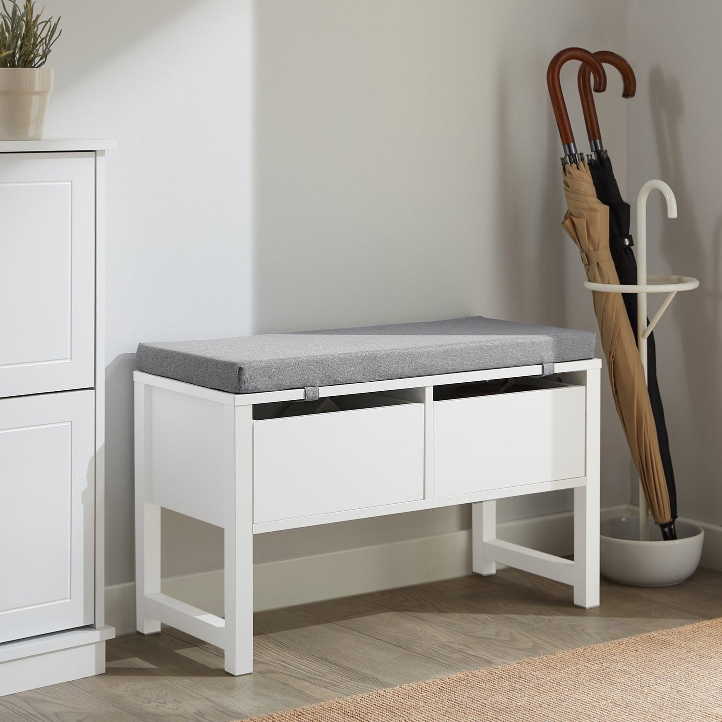 SoBuy Banc de rangement avec assise rembourrée - 2 tiroirs - Max. 150 kg - 72 x 30 x 46 cm - Blanc/ Gris