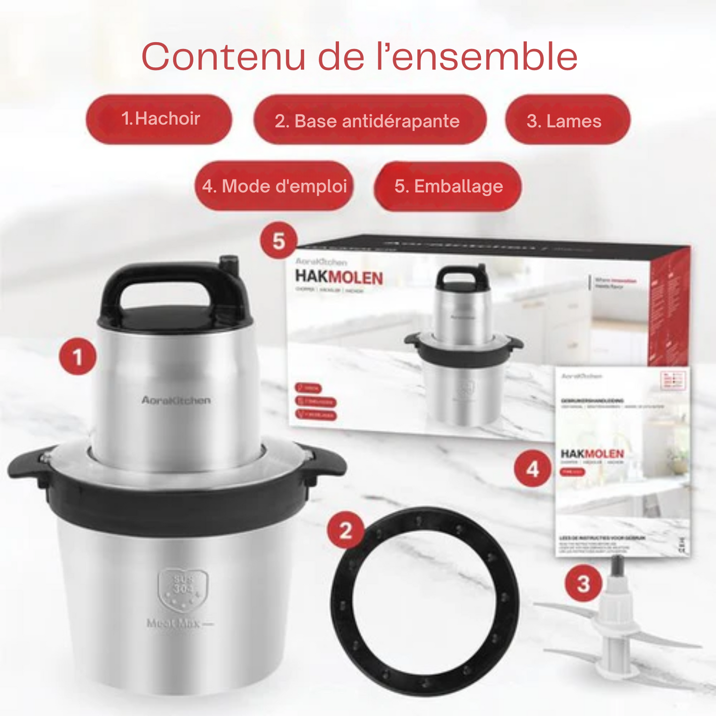 Hachoir - AoraKitchen - 5 Litres - 2 Vitesses - Hachoir électrique - 2000W - 4 Lames en acier inoxydable