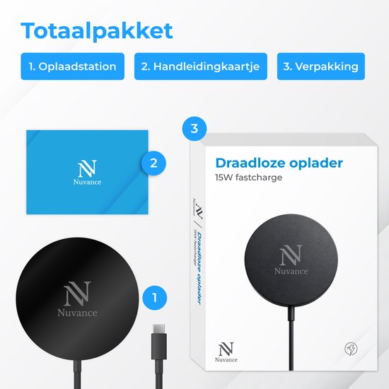 Chargeur sans fil Nuvance 15 W - Chargeur sans fil - Compatible MagSafe - USB-C - Chargeur rapide - Chargeur sans fil - Noir