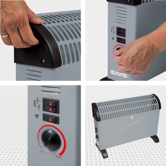 Auronic Convecteur électrique - 750/1250/2000 Watts - Avec ventilateur - Chauffage - Radiateur à ventilateur - Gris