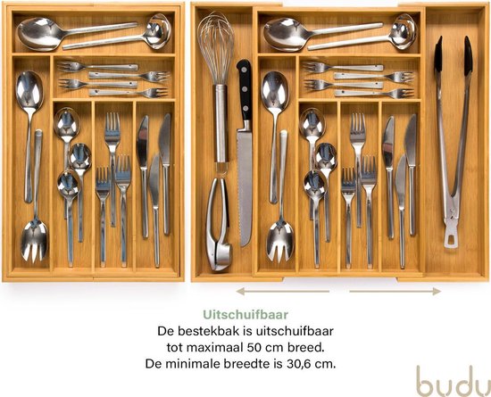 Budu Range-couverts extensible en bambou #47 (47 cm de profondeur) - Cassette à couverts en bois - Tiroir à couverts - 47 x 30.6 - 50 cm - 6/8 compartiments