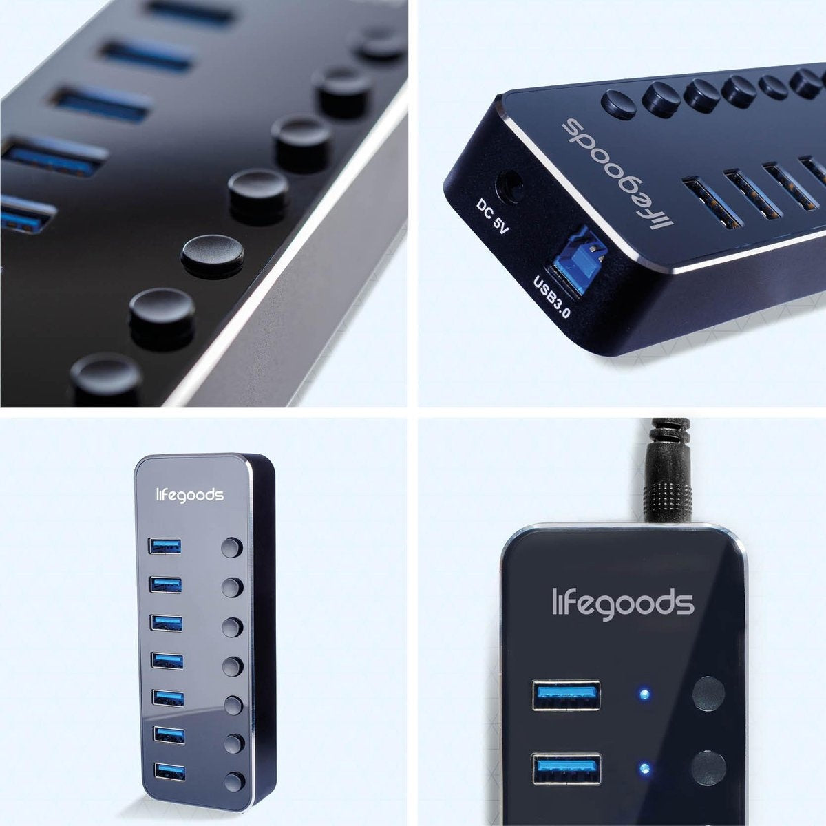 Auronic USB Hub 3.0 - Répartiteur USB avec 7 ports - avec alimentation - 5 GBP - Indication Led - Noir