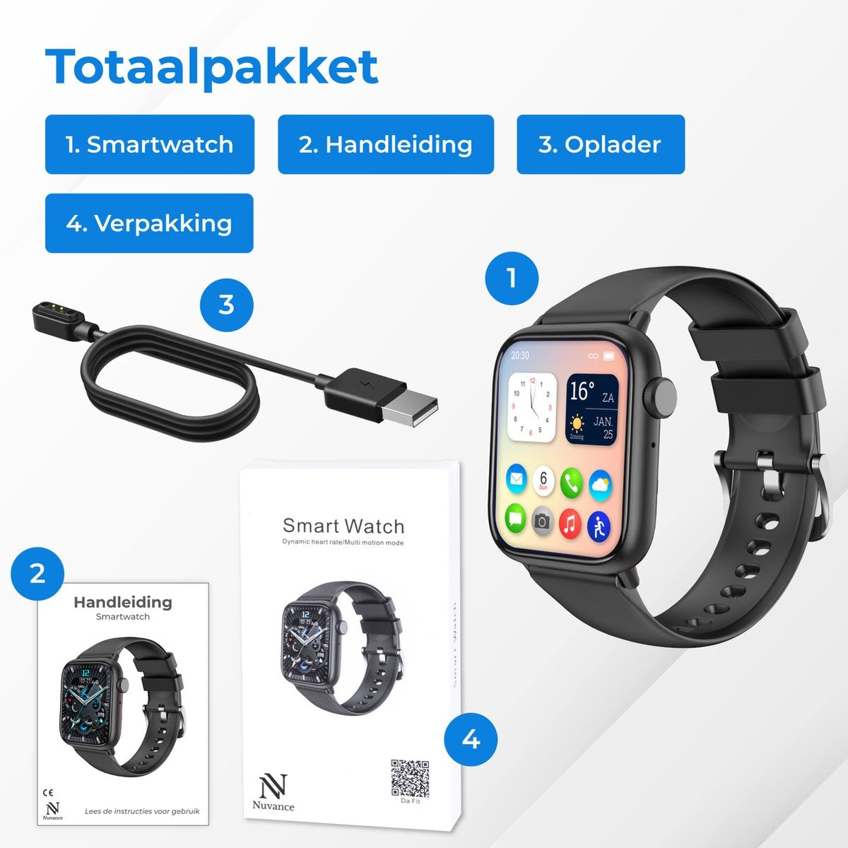 Nuvance - Smartwatch Homme et Femme - 45mm - pour iOS et Android - podomètre et moniteur de fréquence cardiaque - étanche - noir